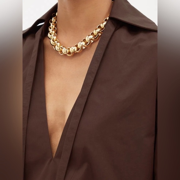 Jill Sander Tie-neck Organic-cotton Poplin Brown Blouse Long Sleeve V Neck - Picture 2 of 8